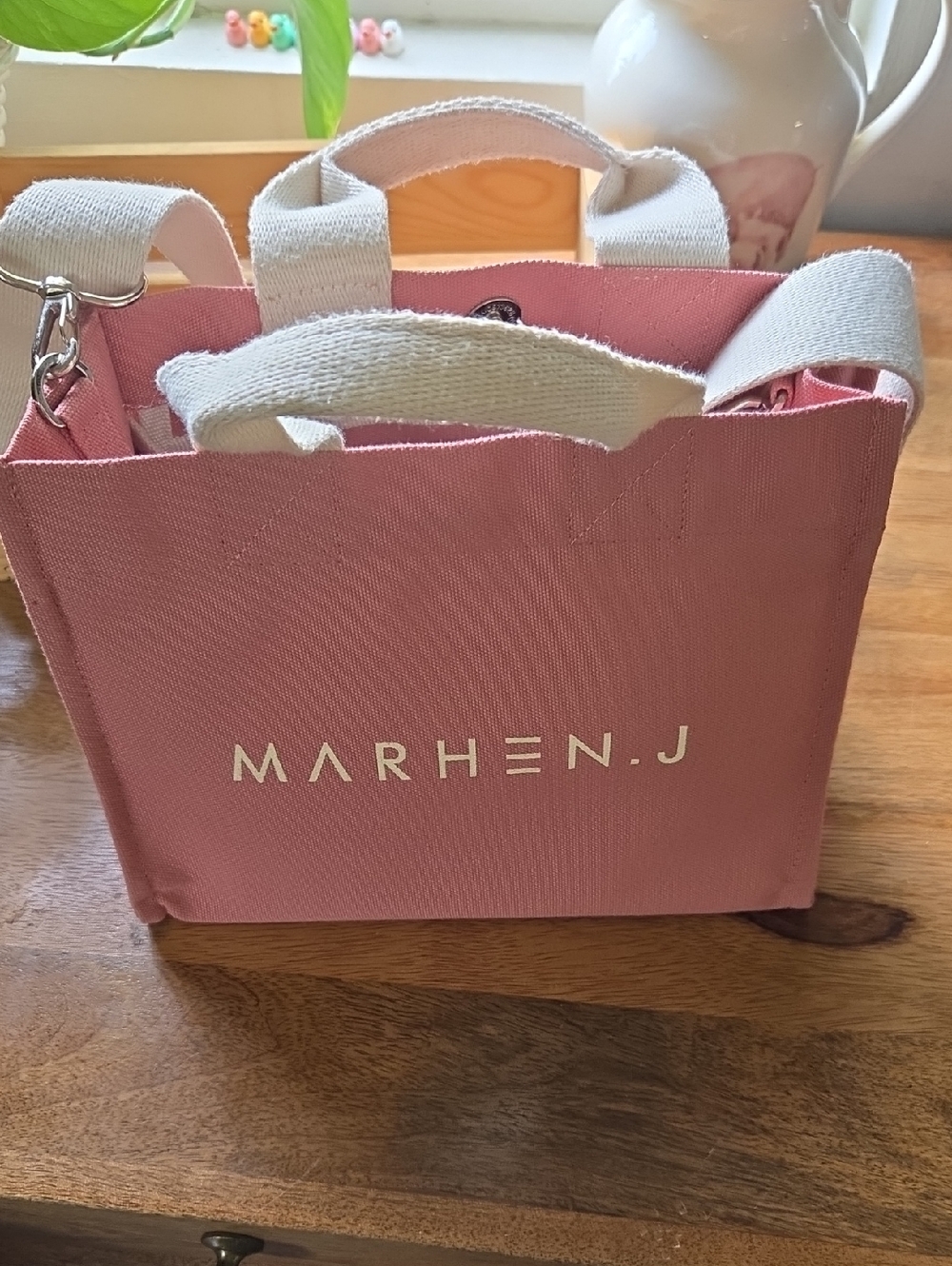 Pink Canvas Tote with Cream Handles